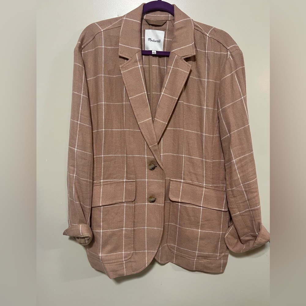 Madewell Breezewoven Larsen Linen Blazer Windowpane Tan & White Size L